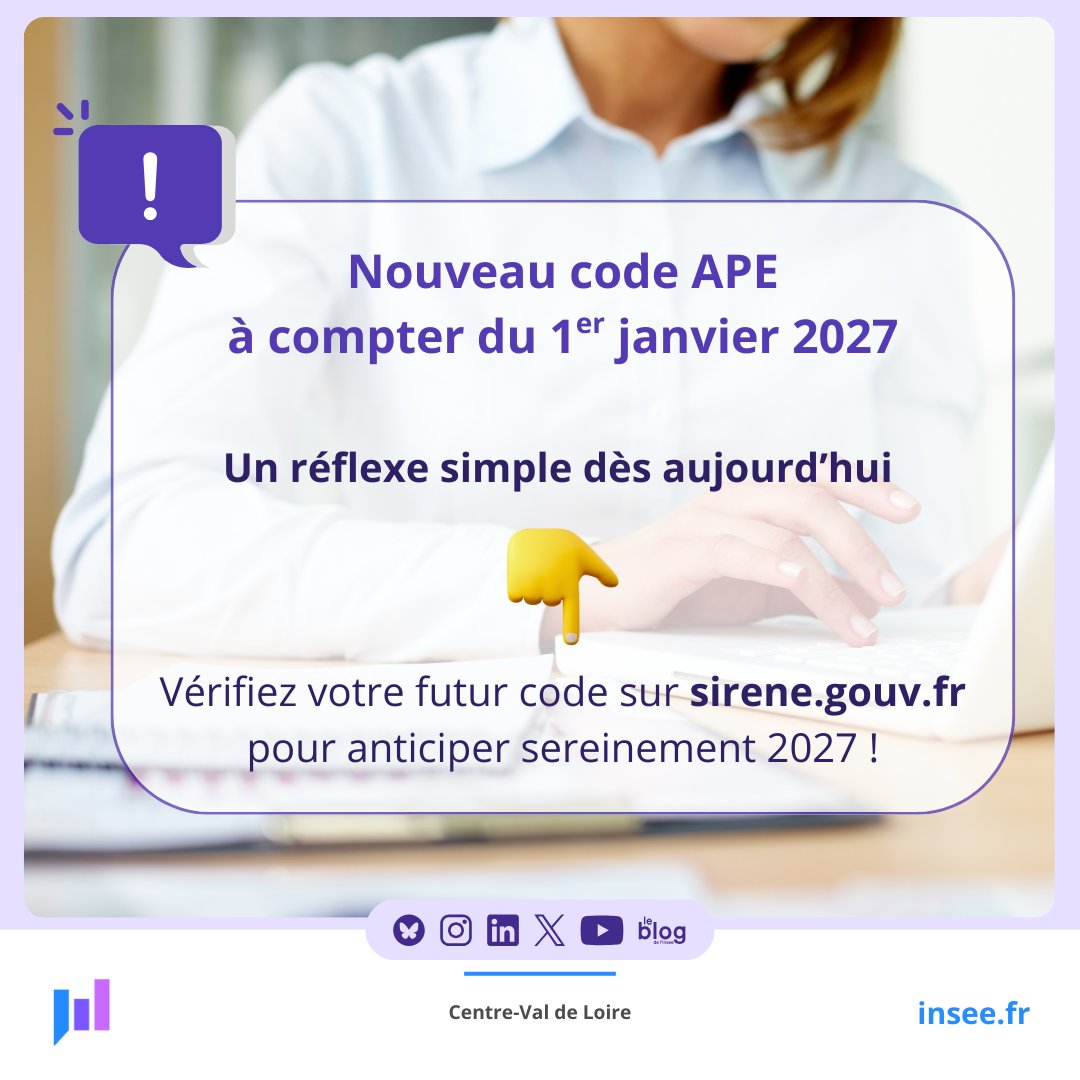 📢 À partir du 1er janvier 2027, un nouveau code APE sera attribué à l’ensemble des unités inscrites au répertoire Sirene, y compris les micro-entrepreneurs.
Vous pouvez dès maintenant vérifier votre futur code APE en renseignant votre numéro SIREN sur 👉 sirene.gouv.fr