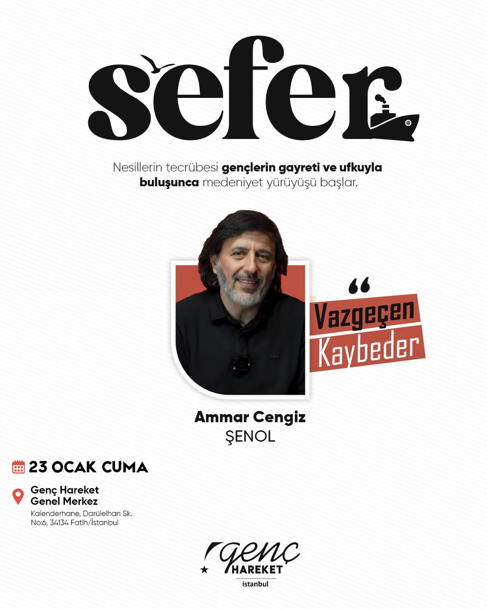 Nesillerin tecrübesi gençlerin gayreti ve ufkuyla buluşunca medeniyet yürüyüşü başlar

🎤 Ammar Cengiz ŞENOL 
📅 23 Ocak Cuma 
⏰️ 20.00
📍 Genç Hareket Genel Merkez 

Sefer bizden, zafer Allah’tandır.

🔴 Başvuru formuna biyorgrafiden ulaşabilirsiniz.