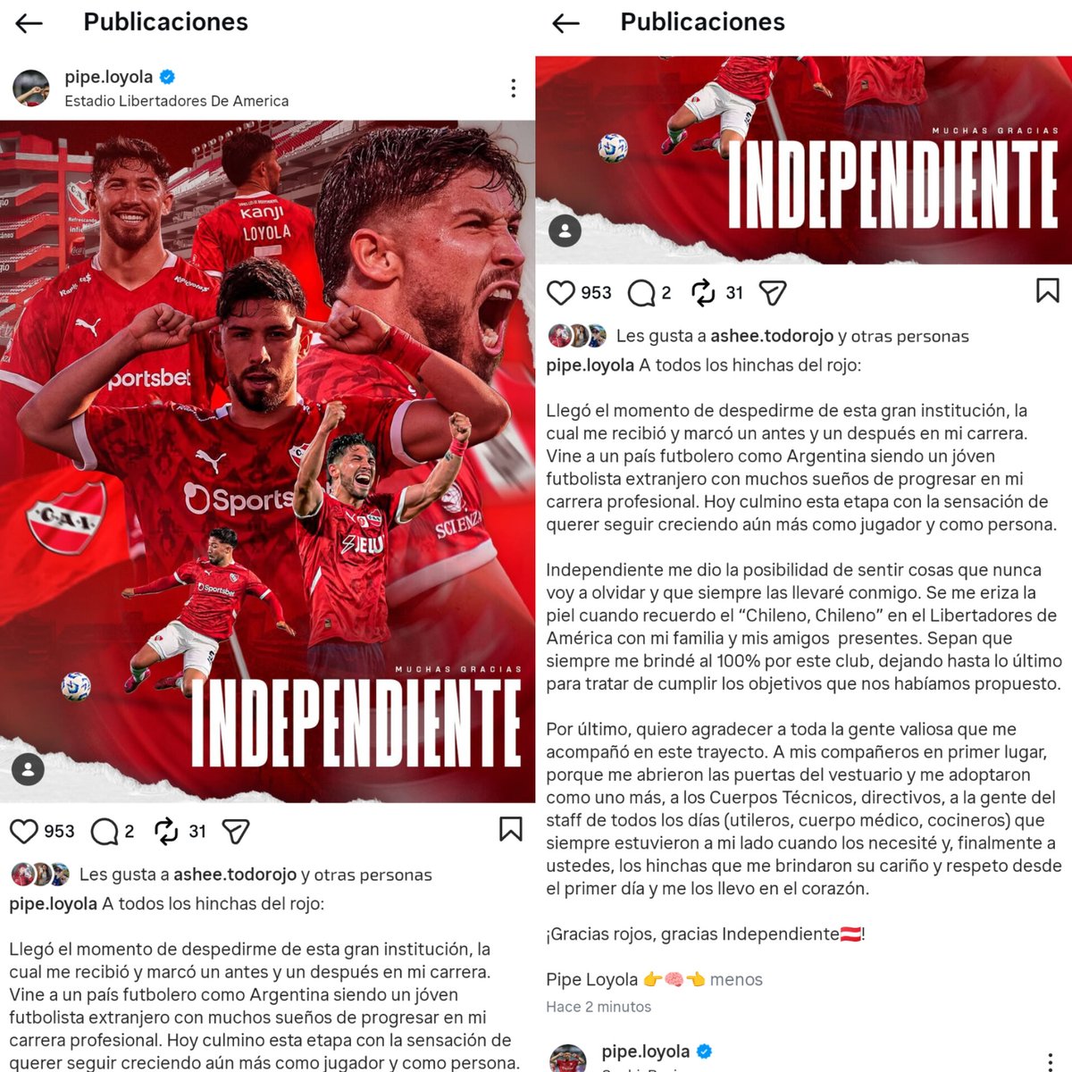 🔴 Pipe se despidió de los hinchas de #Independiente en sus redes sociales>>