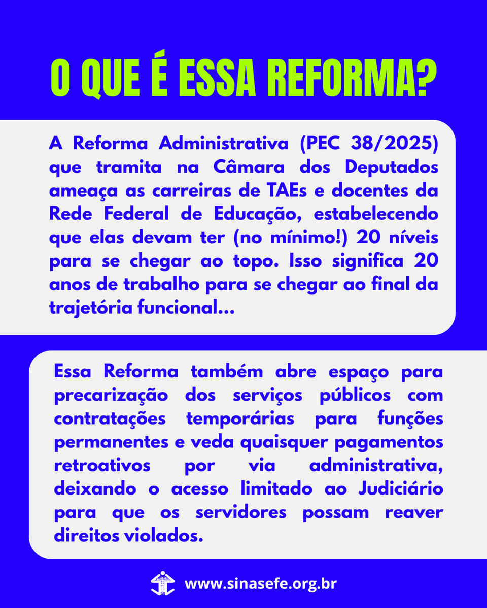 SINASEFE's tweet image. Reforma Administrativa | A Câmara dos Deputados divulgou uma enquete sobre a PEC 38/2025, com espaço para enumerar itens positivos (que obviamente não existem) e pontos negativos da  Reforma Administrativa.
Saiba mais e vote discordando completamente: sinasefe.org.br/site/participe…