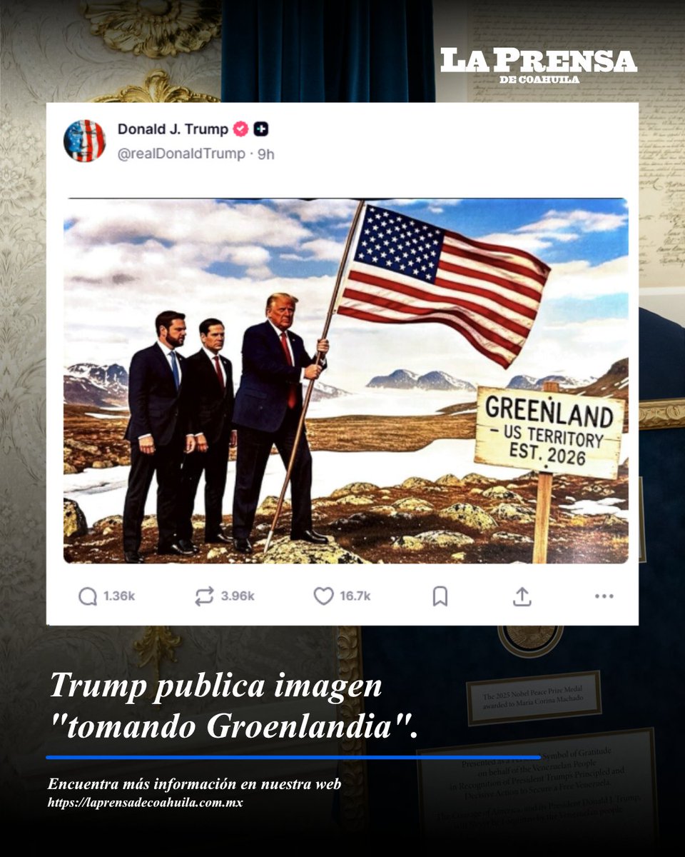 ¿Qué opinas de esta imagen?
#Trump publicó esta madrugada una imagen donde aparece "tomando #Groenlandia"

Compártenos tu opinión en comentarios 📩