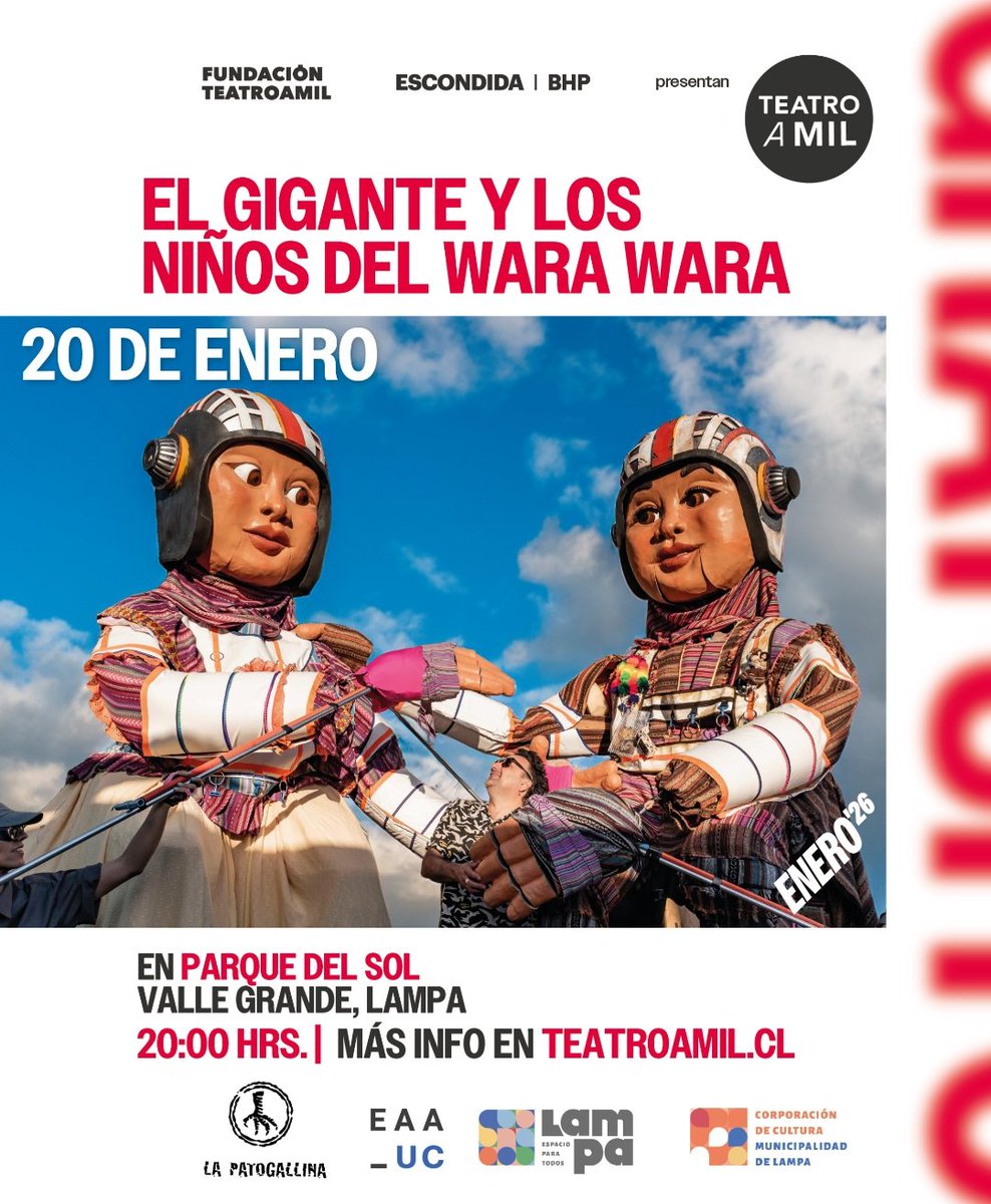 🎭 Teatro a Mil 2026 llega a Valle Grande, Lampa
Este martes 20 de enero – 20:00 hrs
📍 Parque del Sol (San Martín, frente a Bomberos)
Presentación gratuita de “El Gigante y los Niños del Wara Wara” ✨
Llega con 20 min de anticipación. #ValleGrande #Lampa