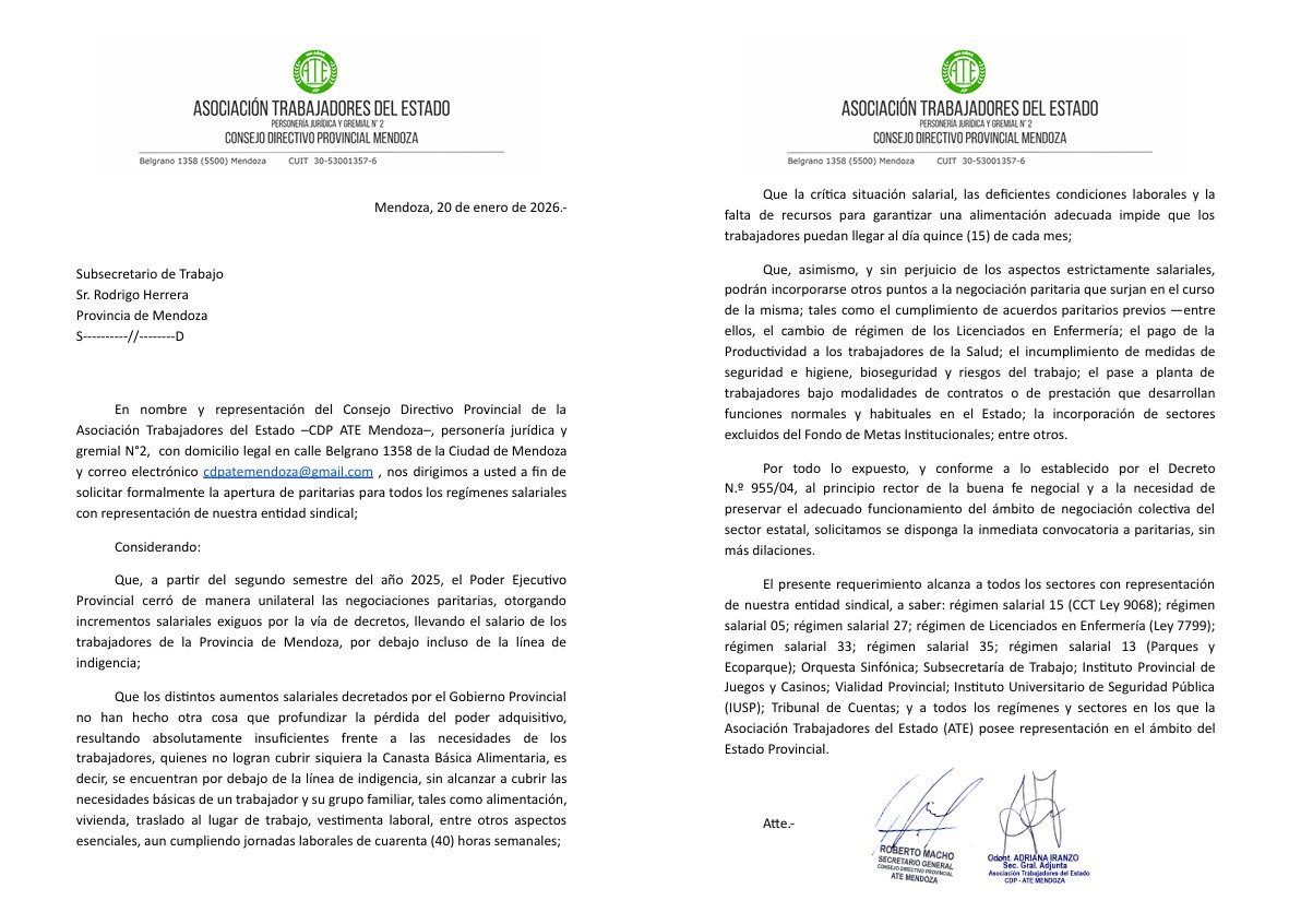 <a href="/MendozaGobierno/">Mendoza Gobierno</a> <a href="/alfredocornejo/">Alfredo Cornejo</a> Exigimos la inmediata apertura de paritarias.
Los salarios actuales estan por debajo de la línea de indigencia. Esta situación impide cubrir necesidades básicas como alimentación, vivienda, transporte y vestimenta laboral. #Mendoza