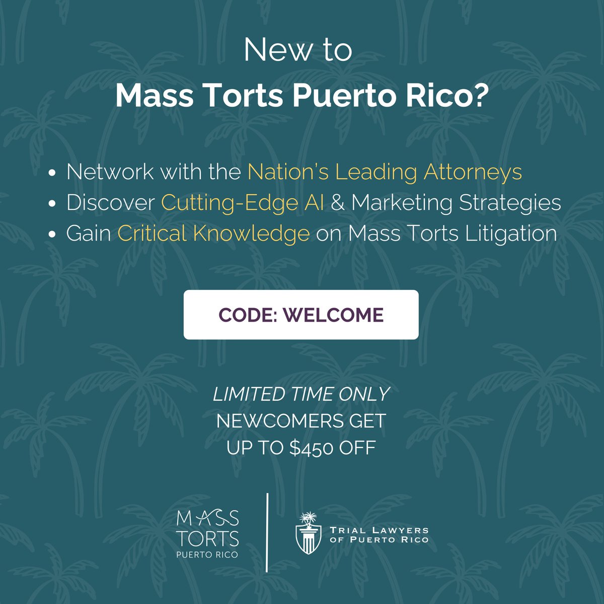 MassTortsPR's tweet photo. Ready to Experience MTPR? Join us in celebrating our 5th Year!

✨VIP Event: May 4, 2026
📅Conference: May 5–7, 2026
📍Condado Vanderbilt, San Juan

🎟 Save up to $450 with code WELCOME by Jan 31!
🔗https://t.co/WR80iuVknX

#mtpr #tlpr #masstort #puertorico https://t.co/kaQSQpUBQH