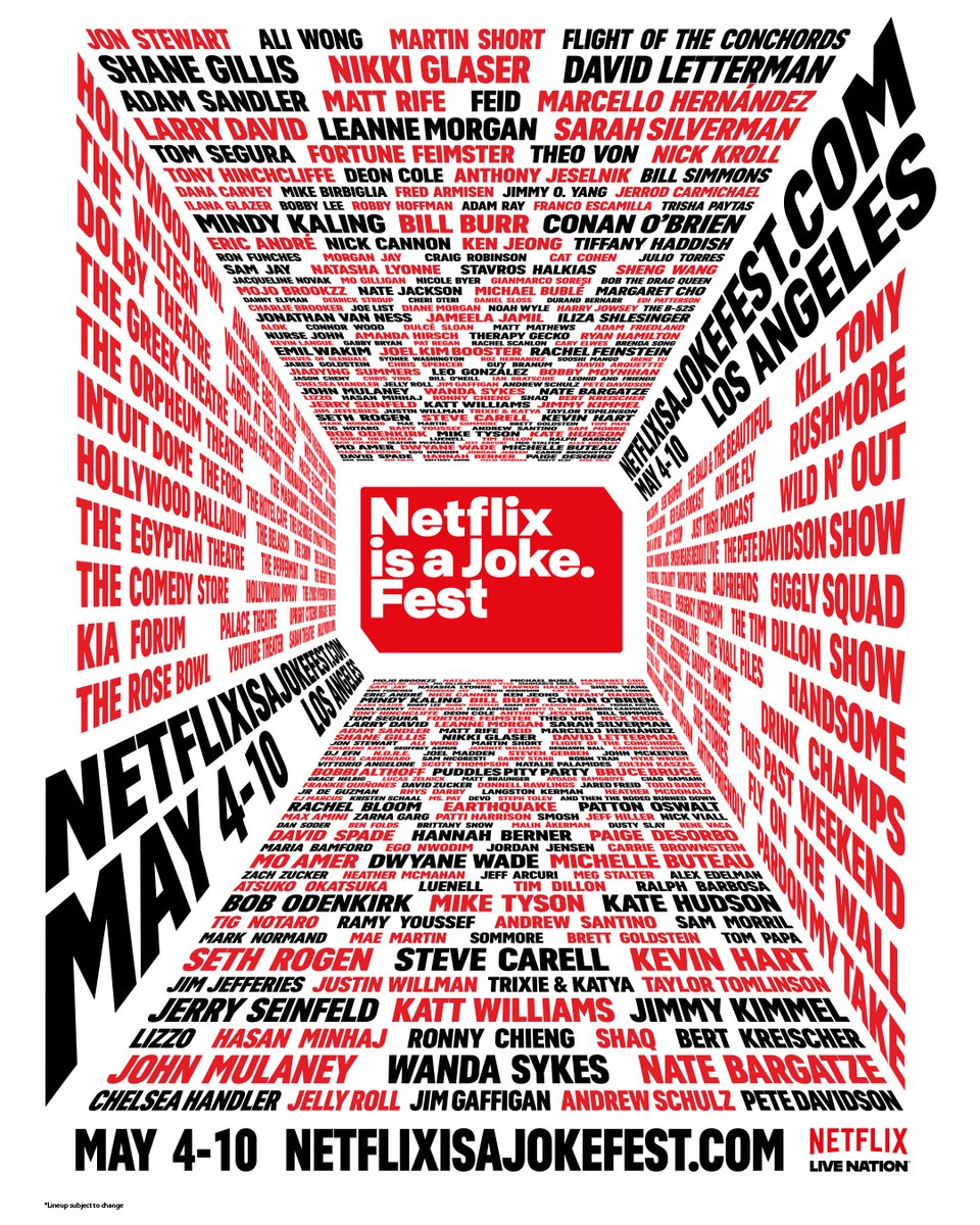 LiveNation's tweet image. Netflix Is A Joke Festival:
A Lineup So Big You May Be On It
May 4-10, 2026 in Los Angeles

Tickets On Sale Friday, January 23rd at 10AM PT.
netflixisajokefest.com