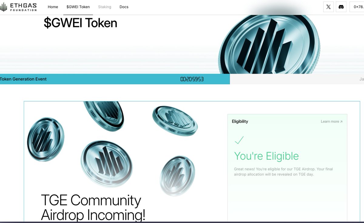 ETHGas空投查询出来了，怎么X上没看到人说啊， 查询空投👉 https://t.co/V3IvawdJHP 明天北京时间1 月21 日21:00  开始领取同时上线币安alpha，不知道猪脚饭有多少#