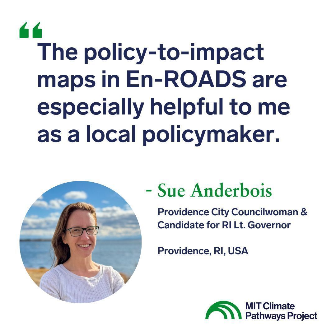 MIT_CPC's tweet image. #EnROADS maps policy to impacts for local leaders like @AnderBois from @pvdcitycouncil.  Connecting climate policy to local impacts with the help of our MIT Climate Pathways Project (w/@MITSloanSusty + @climateinteract) can help Sue + her constituents understand what's at stake.