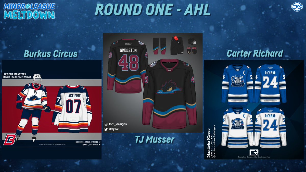 For the first of 2 polls today, we'll tackle the #AHL. We have a pair of Cleveland Monsters concepts by <a href="/Matt_BCStudios/">Burkus Circus Studios</a> and <a href="/dtaj552/">Tj</a>, and a Manitoba Moose concept by <a href="/carterrichardd/">carter richard</a>.  

🧵 2/7