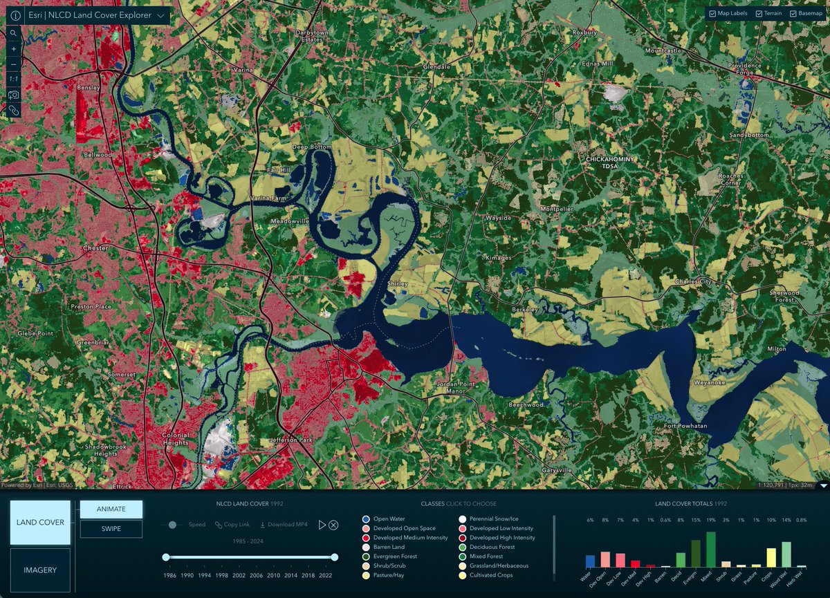 40 years of <a href="/USGS/">USGS</a> land-cover data is available in ArcGIS Living Atlas! 🙌🏾

The new Annual NLCD Collection features six products and uses the full Landsat data record to provide land-cover information from 1985 to today. ow.ly/X7Pt50XY4Oa