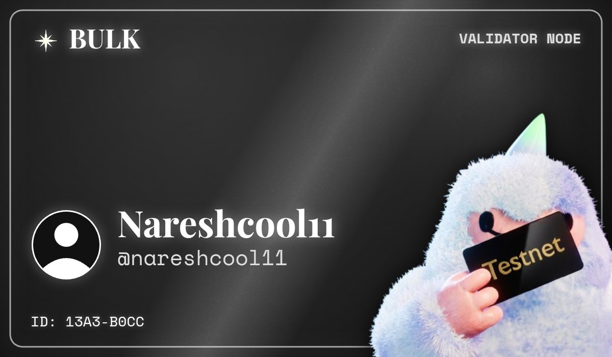 I've secured my Validator Node for <a href="/bulktrade/">BULK</a> Testnet.

Infinite Markets. One Exchange.

Get yours: bulkcard.lol