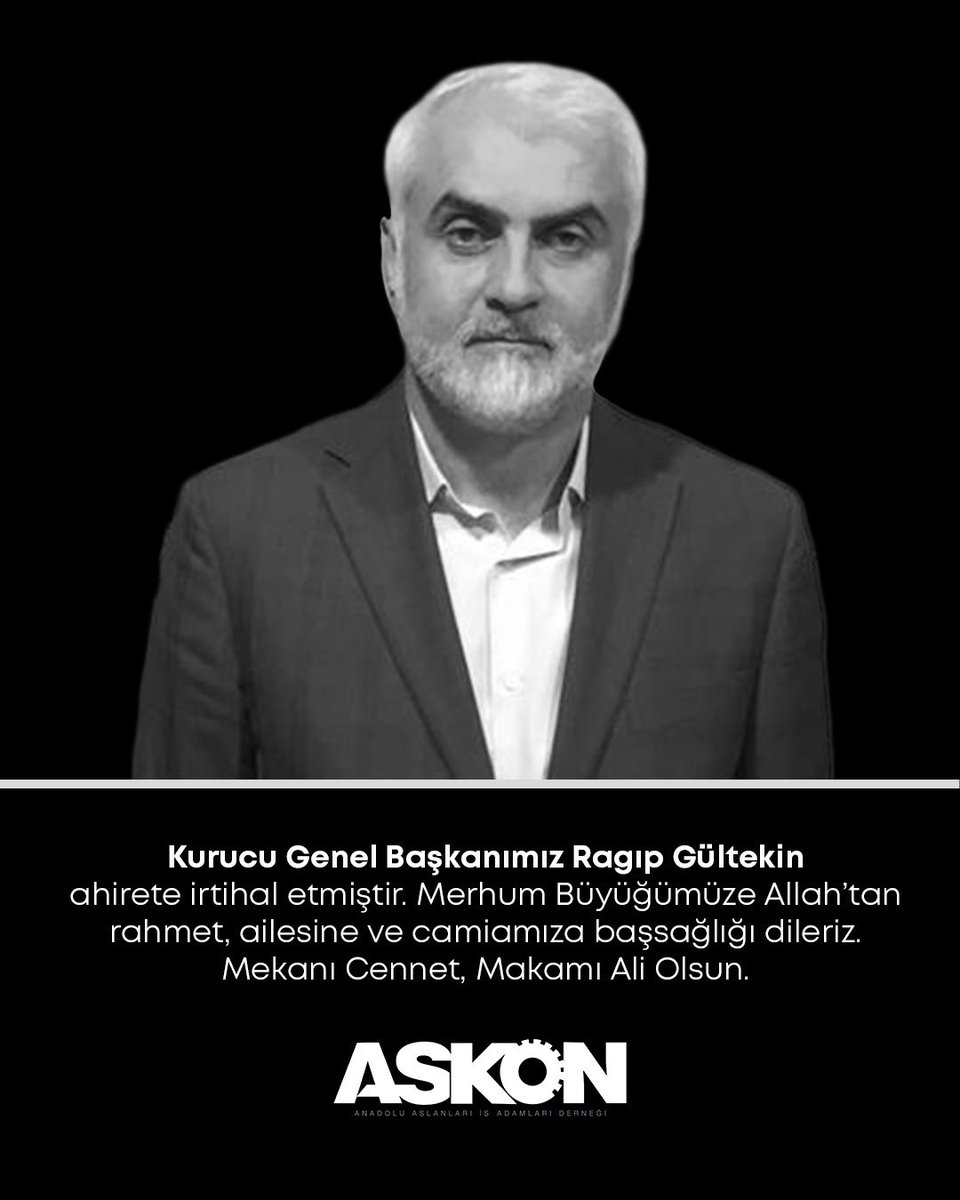Kurucu Genel Başkanımız Ragıp Gültekin
ahirete irtihal etmiştir. Merhum Büyüğümüze Allah'tan rahmet, ailesine ve camiamıza başsağlığı dileriz.
Mekanı Cennet, Makamı Ali Olsun.