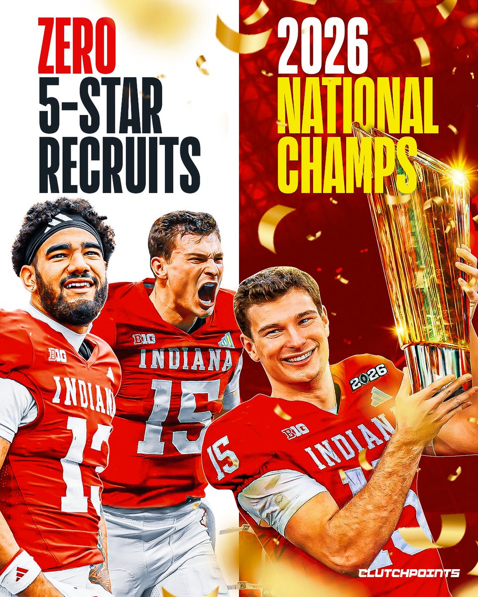 ClutchPoints's tweet photo. Indiana Hoosiers head coach Curt Cignetti is a legend, and it's not just because he won the school's first-ever national title.

It's because of how he did it.

Turning a football program traditionally known to be one of the worst in the country is one thing.

But Cignetti did it without the benefit of a single 5-star recruit.

Let us repeat that... there is not even ONE 5-star recruit on Indiana's entire roster.

In fact, there are only eight 4-star recruits.

That's low for non-Power 5 schools, much less a team in the Big Ten that just won a natty.

Check out the total of 4 and 5-star recruits on the rosters of the other three teams in this year's Final Four.

🔸Oregon - 55 
🔸Miami - 45
🔸Ole Miss - 36
🔸Indiana - 8

What's even more incredible is that only TWO of Indiana's eight 4-star recruits are starters.

One is a 5th-year senior offensive lineman, and the second is their punter.

This will go down as one of the most improbable national championships in NCAA history for many reasons.

But no other stat embodies this team's journey more than this one.
