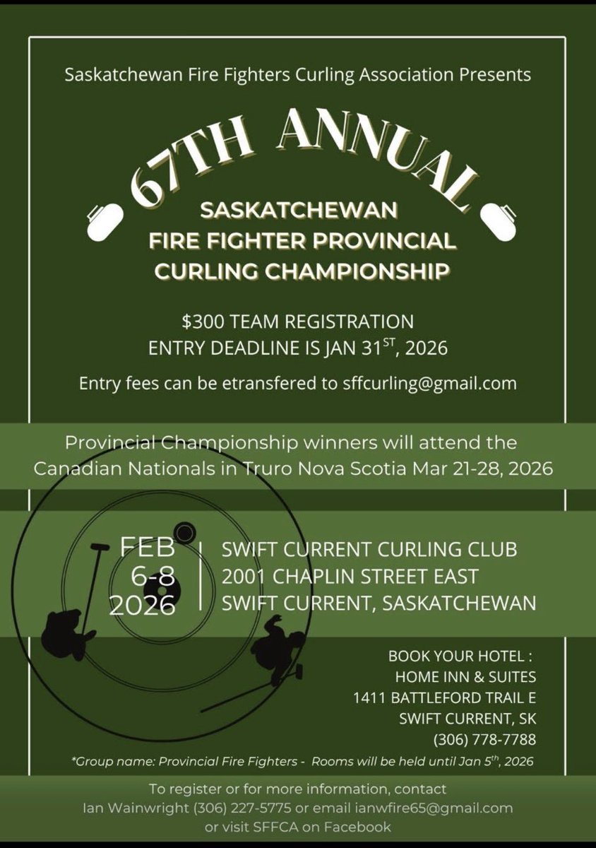 If you’ve even ever just wanted to be a FF…you may qualify to curl in this prestigious event. Contact the Swift Current Curling Club ASAP

sccurlingclub@sasktel.net