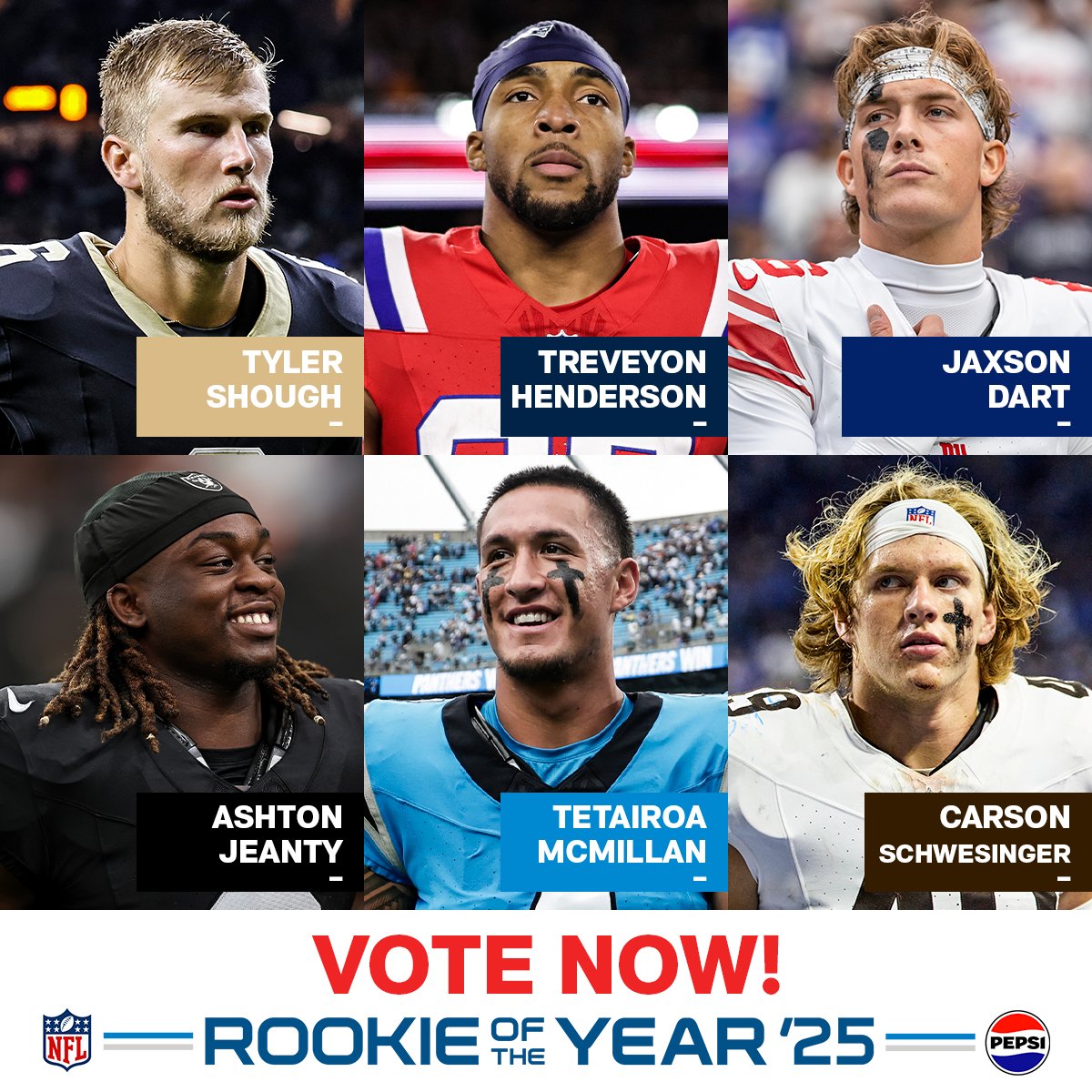 NFL's tweet image. Who has your vote for the 2025 @pepsi Zero Sugar Rookie of the Year? 👀

Vote here ➡️ nfl.com/rookies