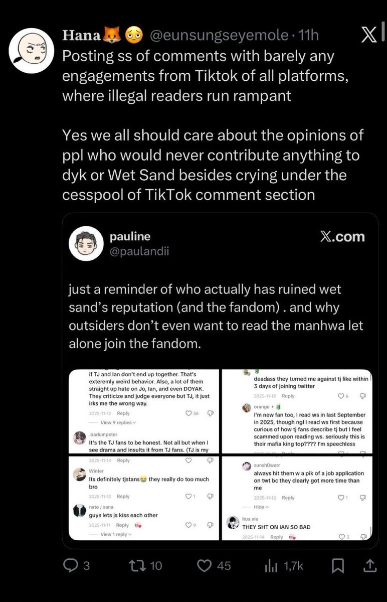 do you miss the point on purpose miss hana? would around 100 likes on comments do it for you? this is one of the MANY comments talking about tj fans. it’s a FACT that your side scares people off and harasses. even on TWT people are aware. oh and btw, you’re proving my point.