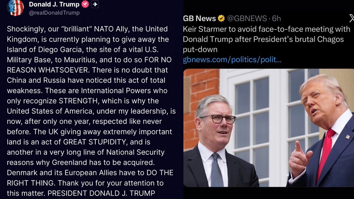 jesseyjay94's tweet image. 💥KEIR STARMER WILL NOT MEET WITH PRESIDENT TRUMP IN DAVOS after his recent post on Truth Social, harshly criticizing the UK for agreeing to hand sovereignty of the Chagos Islands (including Diego Garcia, home to a key joint US-UK military base) to Mauritius. Europe is officially…