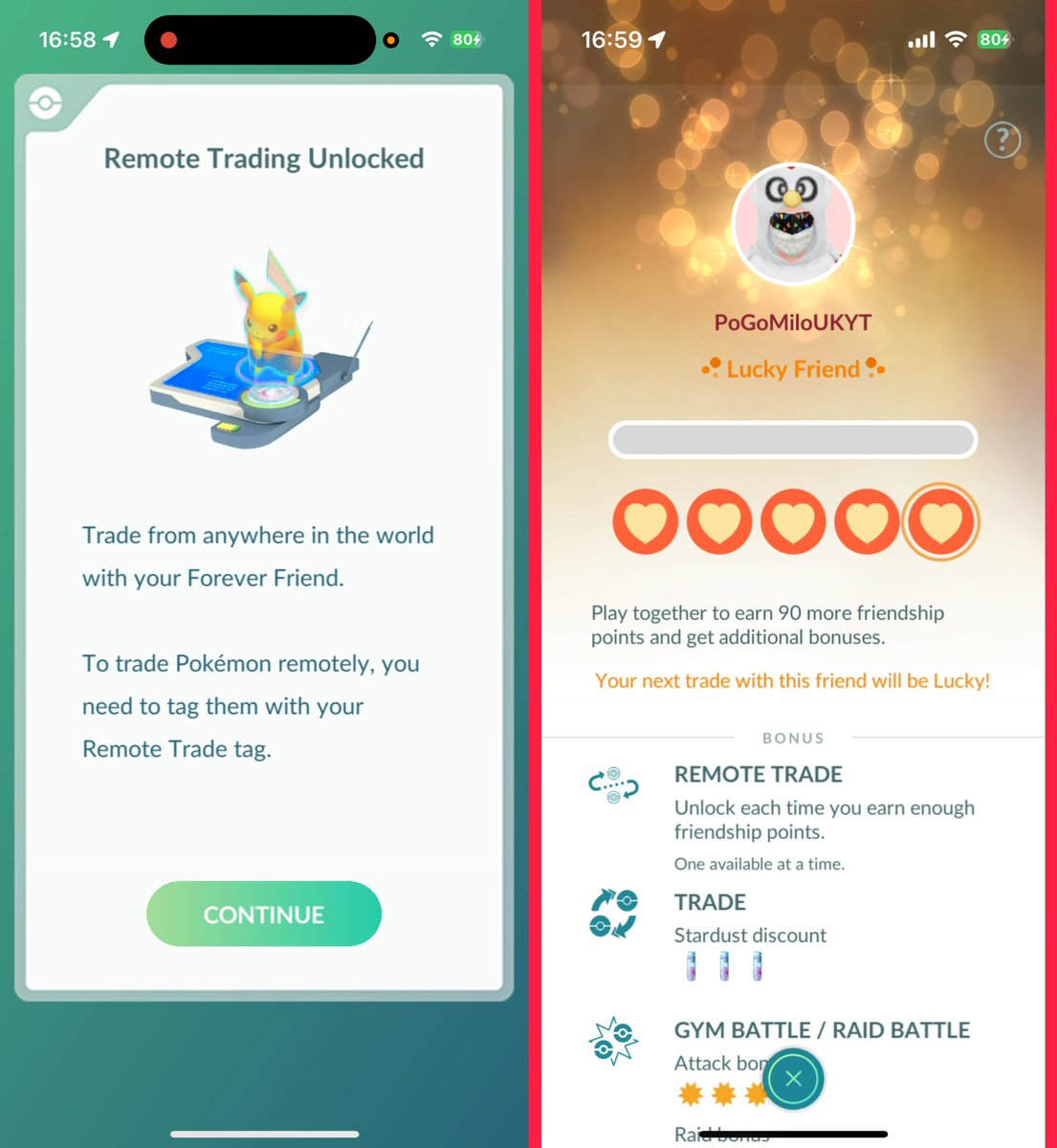 I’ve just become Forever Friends with <a href="/PoGoMiloUK/">PoGoMiloUKYT</a>!
This means we’ve unlocked remote trading 😍
Now the big question… what should we trade? And will it go lucky? 🧐

#PokemonGO