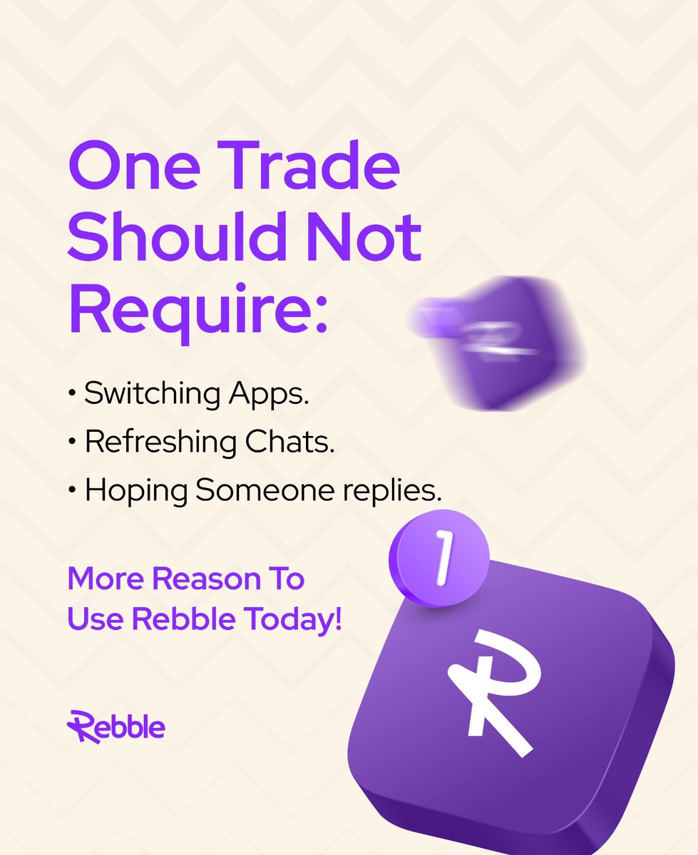 Userebble's tweet image. If one trade requires switching apps, refreshing chats, and praying for replies…

You’re doing too much.

Rebble makes trading simple.

One flow. One trade. Zero stress.

#RebbleApp #CryptoMadeEasy #P2Pcrypto #NoMoreStress #CryptoLife #AfricanFintech #TradeBetter