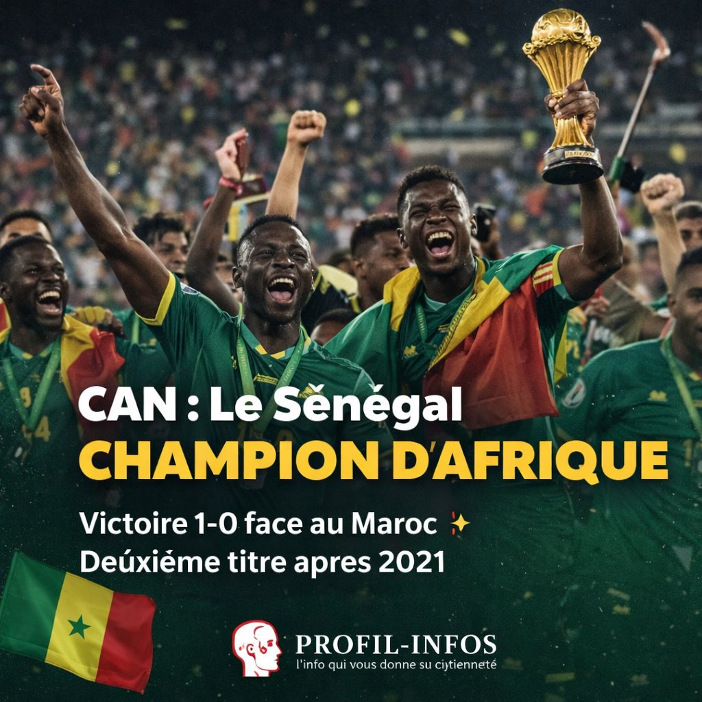 🏆 CAN | Le Sénégal champion d’Afrique
Au terme d’une finale électrique et polémique, le Sénégal bat le Maroc 1-0 après prolongations.
Penalty marocain raté, but décisif de Pape Gueye, deuxième sacre pour les Lions de la Teranga après 2021.
Lundi déclaré férié au Sénégal.

📰