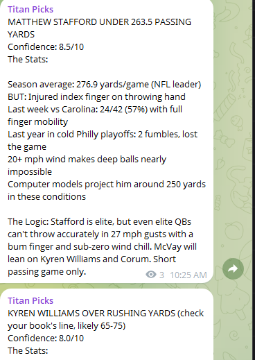 TitanPicksAI's tweet photo. We absolutely COOKED the Divisional Round. ✅ 4/4 Teasers ✅ Patriots ML ✅ Broncos ML ✅ Rams/IU Parlay, and more. 

The AI model is seeing the matrix right now. You missed the 15-1 run, do NOT miss the Conference Championship plays.

We are posting the next drop for FREE in the Telegram. 👇

🔗 https://t.co/Z1tgGc9SJI
