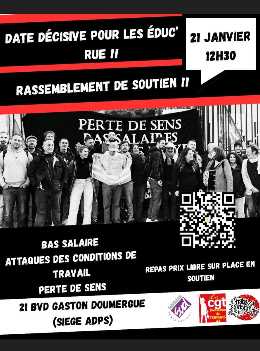 Nous soutenons les éducs de rue de l’ADPS en grève depuis le 19 novembre ! ✊

📅 Demain, mardi 21/01
⏰ RDV 12h30
📍 21 bd Gaston Doumergue - Nantes

Soyons nombreux·ses pour soutenir leurs revendications !

Et soutenons-les financièrement : onparticipe.fr/c/uovEQfod