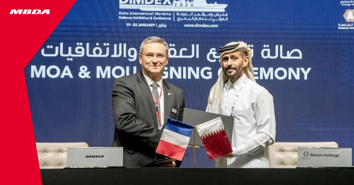 MBDAGroup's tweet image. MBDA and @BarzanHoldings signed an MoU on #AKERONMP, the combat-proven 5th generation anti-tank #missile 🇶🇦

➡️ Local assembly &amp;amp; maintenance
➡️ Support to Qatari Armed Forces
➡️ Long-term industrial partnership

#MBDA #Defence #DIMDEX