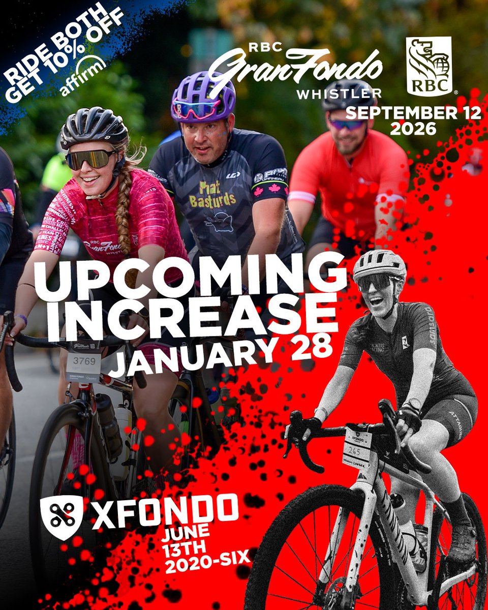 ⛰️ Whistler: 2 Rides + 10% Off + Lowest Pricing of the Year✨ 
Register for RBC GranFondo Whistler + XFondo Whistler at the lowest pricing of the year. 

Save 10% when you register for both.💸

Prices increase January 28 at 11:59 PM (PT)  🔗Register now on.rbcgranfondo.com/trk/registerweb