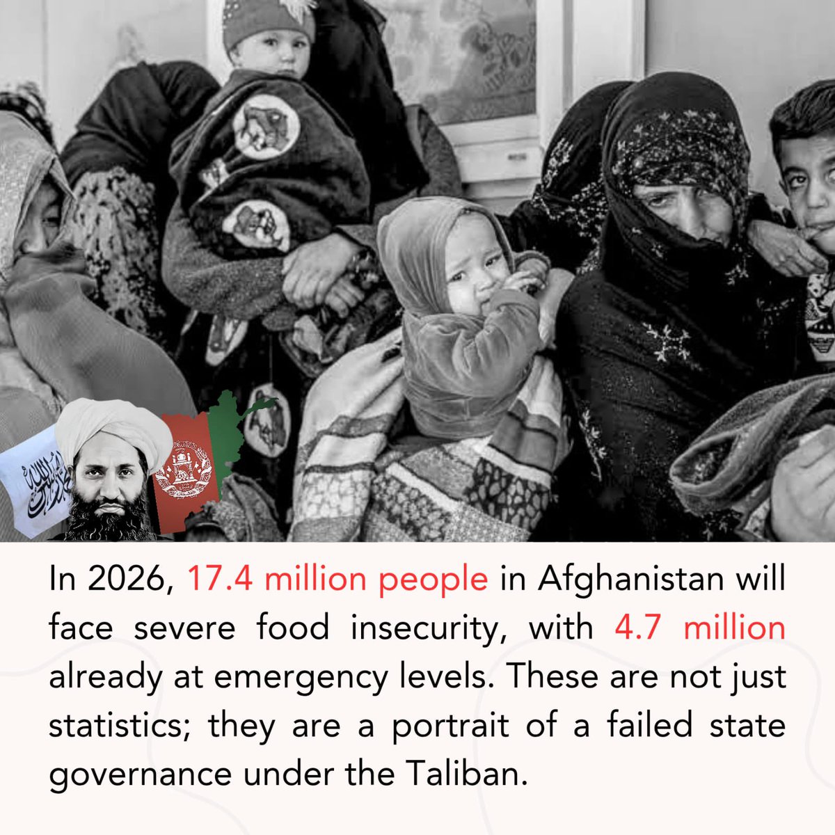 TelegraphPak's tweet photo. In 2026, 17.4 million people in Afghanistan will face severe food insecurity, with 4.7 million already at emergency levels. 

These are not just statistics; they are a portrait of a failed state governance under the Taliban. https://t.co/1YiE0hD80J