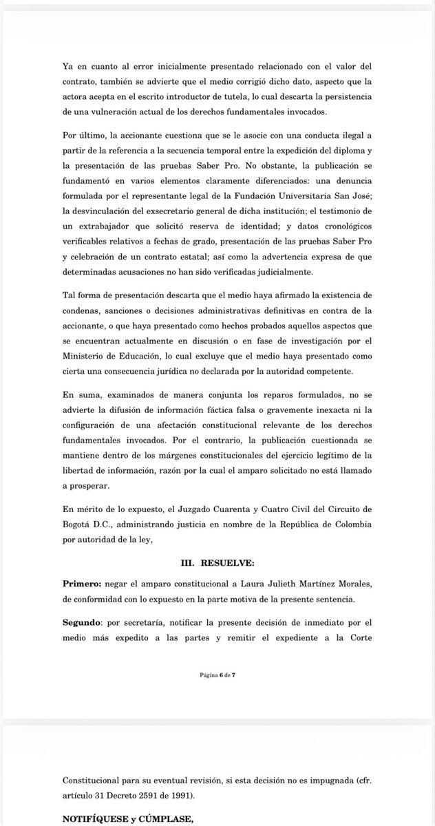 Una vez más la Justicia me da la razón y falla a mi favor una segunda tutela interpuesta en mi contra por Laura Julieth Martínez, por haber denunciado las presuntas irregularidades en la expedición de su diploma de ingeniera en la Fundación SAN José. El juzgado consideró que