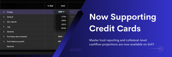 dv01inc's tweet photo. dv01 now supports credit cards, delivering master trust reporting to the market!
☑️ ABS and VFN series support
☑️Standardized, validated, and verified data
☑️Collateral-level cashflows for revolving credit behavior
Learn more! #creditcards #vfn #abf 
https://t.co/LAAyzNWjki https://t.co/44V6Gk2uuZ
