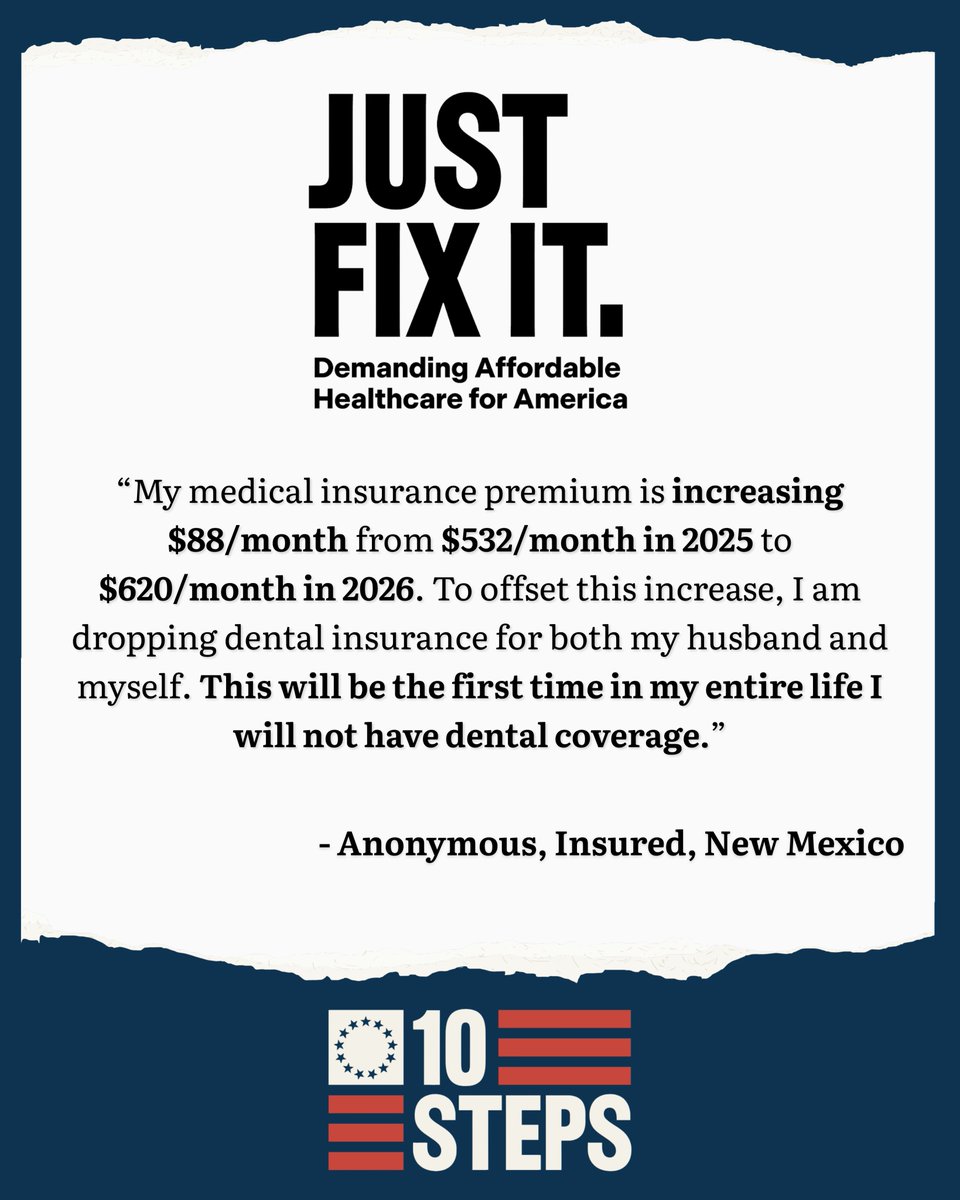 10stepscampaign's tweet photo. A few weeks ago, we asked you to tell us what happens when health care becomes unaffordable. Now Congress needs to listen and JUST FIX IT.

Share Your Story: https://t.co/eTlIuk8FXj

#JustFixIt https://t.co/nURKE9yCD3