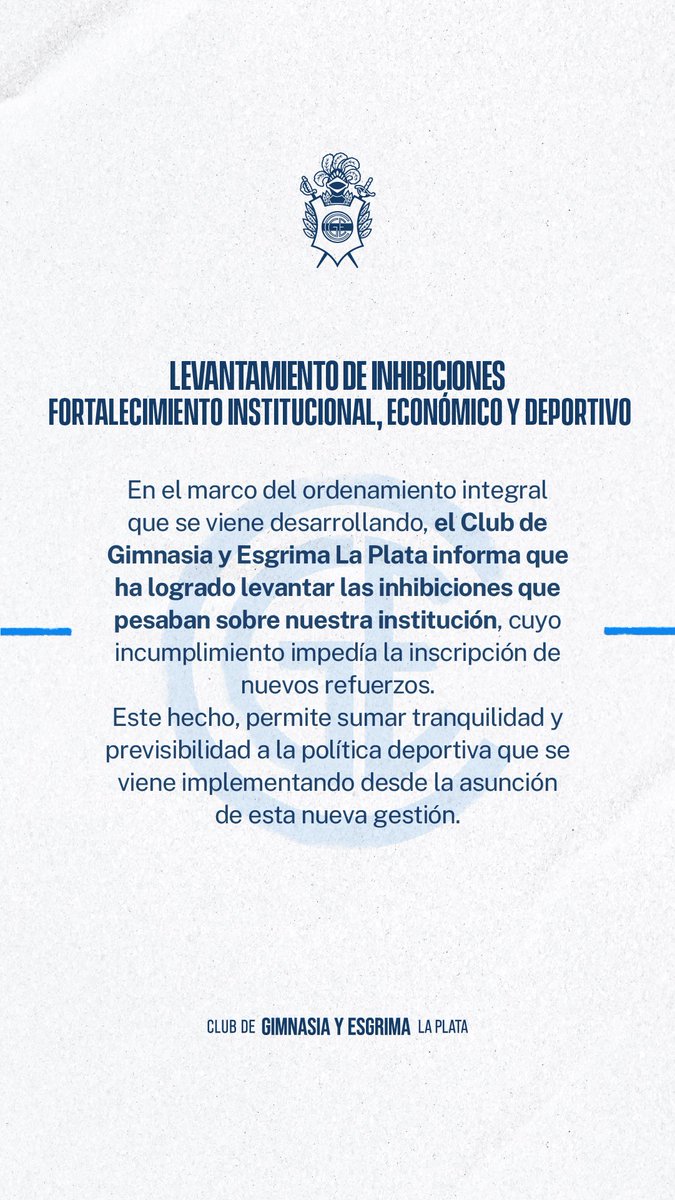 Gus_Michemberg's tweet photo. 🚨#GELP Y #CGE|Gimnasia levantó las inhibiciones

El Club informó que, en el marco del ordenamiento integral de la institución, logró levantar las inhibiciones que impedían inscribir refuerzos.

La medida aporta tranquilidad, previsibilidad y respaldo a la política deportiva de la nueva gestión.