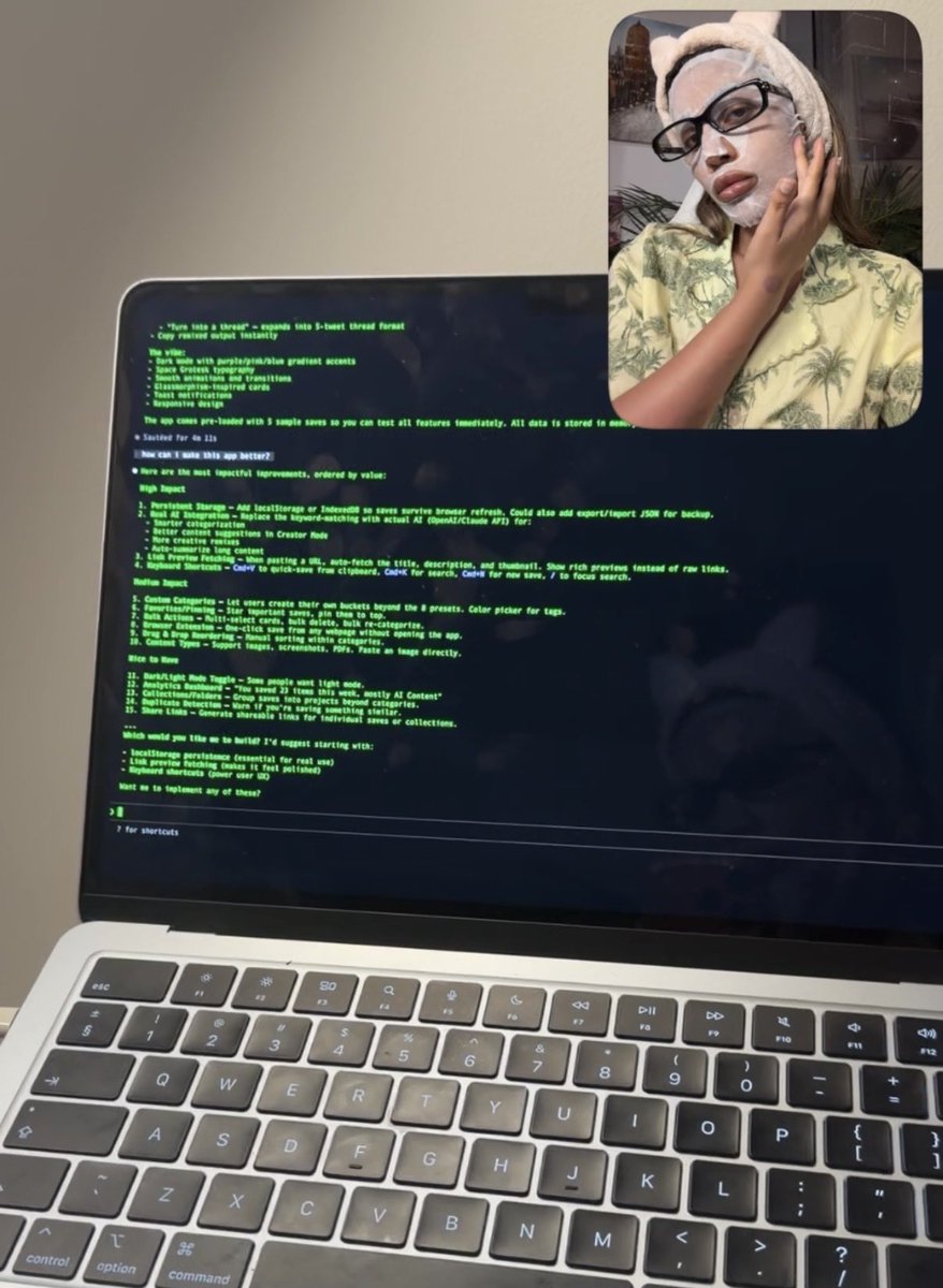 Sherrypeter's tweet photo. the whole point of ai is for you to focus on your skincare while an llm writes the code for you https://t.co/4xCDuyoGUT