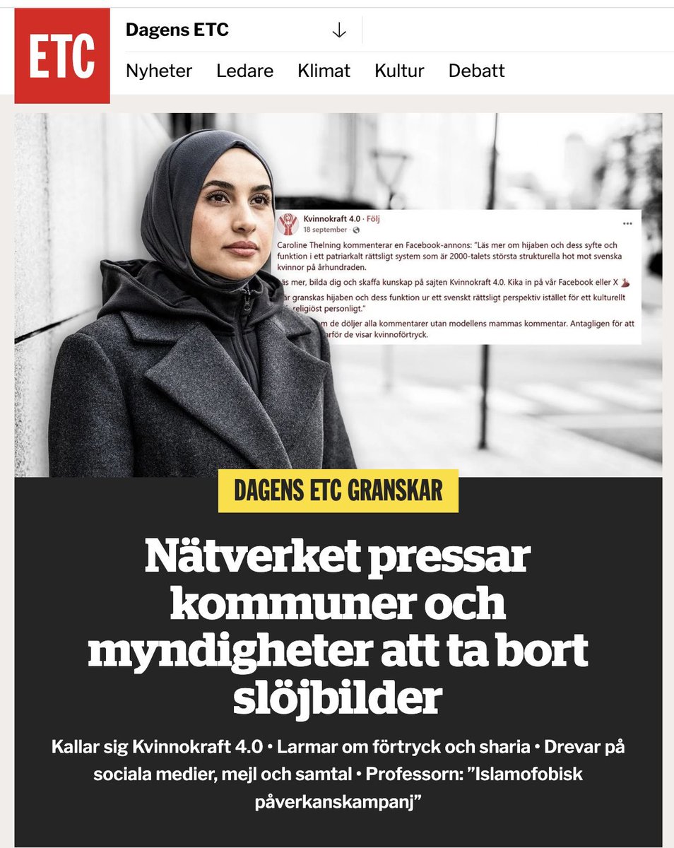 Dagens ETC skriver idag om Kvinnokraft 4.0. Artikeln visar med all tydlighet varför en organisation som vår, som sprider kunskap om sharia och om hot mot jämställdhet och kvinnors fri- och rättigheter i Sverige, behövs. (Artikel bakom betalvägg) etc.se/story/naetverk…