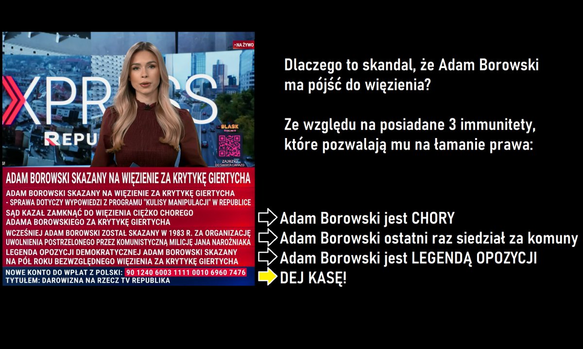 Kochani, jeśli jesteście: (1) chorzy, (2) siedzieliście za komuny w więzieniu, (3) macie chwalebną kartę opozycyjną, możecie łamać prawo, a jeśli je złamiecie to nie powinniście iść do więzienia. 

TV Republika i tzw. ramowanie (framing).