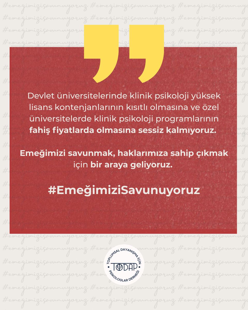Devlet üniversitelerinde klinik psikoloji yüksek lisans kontenjanlarının kısıtlı olmasına, özel üniversitelerde klinik psikoloji programının fahiş fiyatlarda olmasına sessiz kalmıyoruz. Emeğimizi savunmak, haklarımıza sahip çıkmak için bir araya geliyoruz.

#EmeğimiziSavunuyoruz