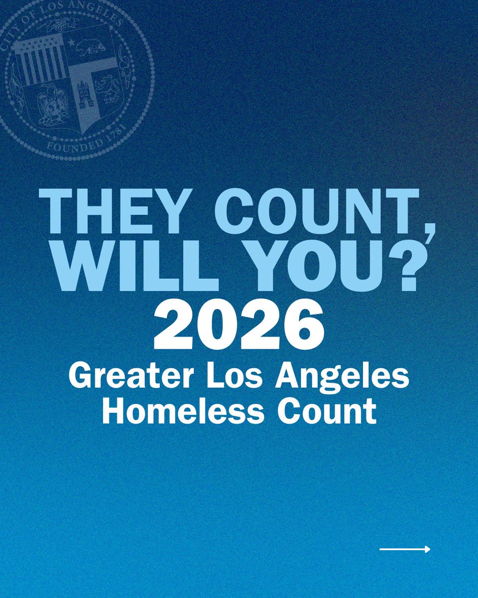 MayorOfLA's tweet image. The 2026 Greater Los Angeles Homeless Count provides a snapshot of the number of people living on the streets. This information shapes our path forward as we continue to make progress. 

Join the effort. Register to volunteer ⬇️
count.lahsa.org/pages/voluntee…