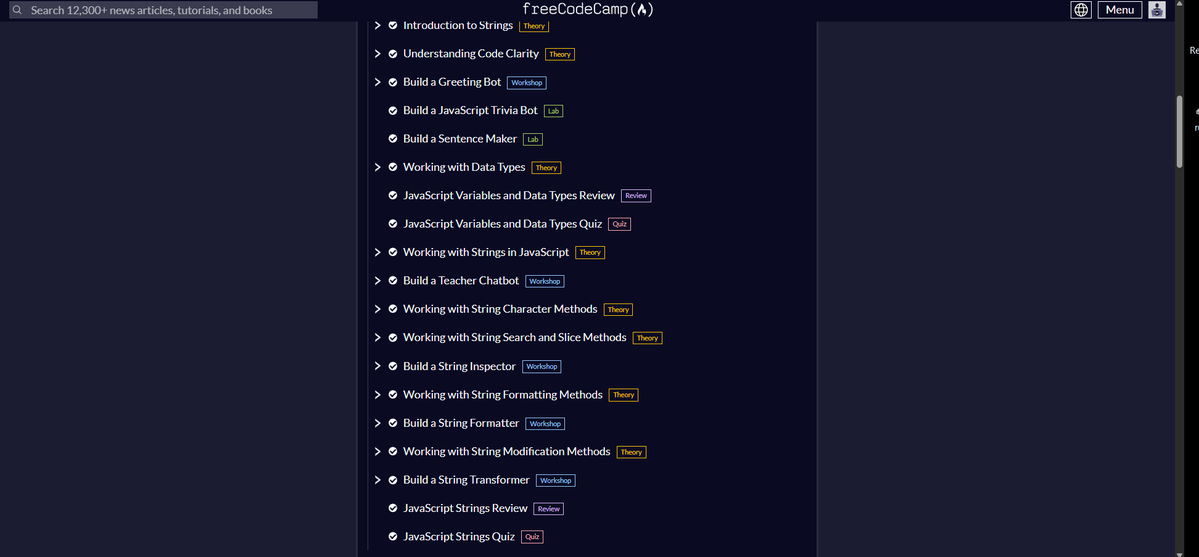 deskode_dev's tweet image. Day 4/30
Completed the Variables &amp;amp; Strings section in my FreeCodeCamp JavaScript certification.
Learned core JS foundations used in real projects: variable handling, string slicing, searching, casing &amp;amp; character codes.
Small wins Steady progress 
#jscertification #freecodecamp