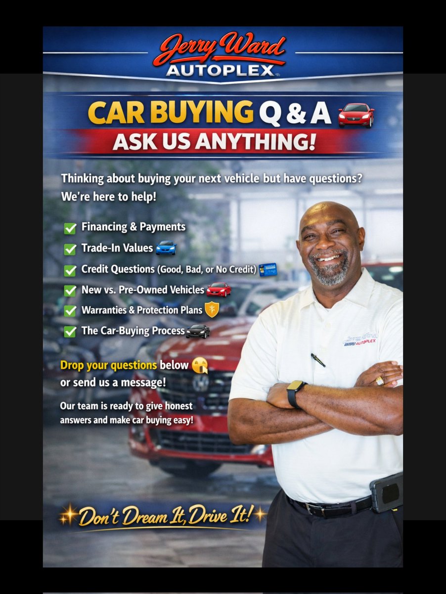 JerryWardAuto's tweet image. 💬 CAR BUYING Q &amp;amp; A — ASK US ANYTHING! 🚗
Thinking about buying your next vehicle but have questions? We’re here to help! 
✨ Don’t Dream It, Drive It! ✨
#CarBuyingMadeEasy
#AskTheDealer
#CarBuyingQnA
#AutoExperts
#CarQuestions