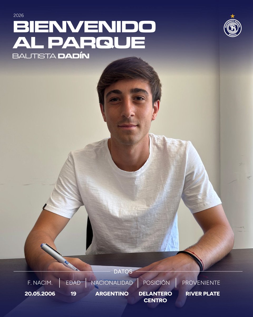 ¡Bienvenido al único campeón de Cuyo, Bautista! 💙

Bautista Dadín es nuevo refuerzo de Independiente Rivadavia.

Firma por un año a préstamo, sin cargo. ✍️

⚽ El delantero, de 19 años, llega proveniente de River Plate. 🙌

¡Éxitos en esta nueva etapa! 💙
