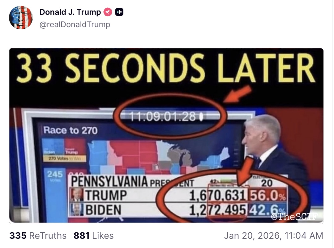 Two more from Trump's Jan 20, 2026 re-posting tear -

The now infamous Televised Trump to Biden Vote Siphon