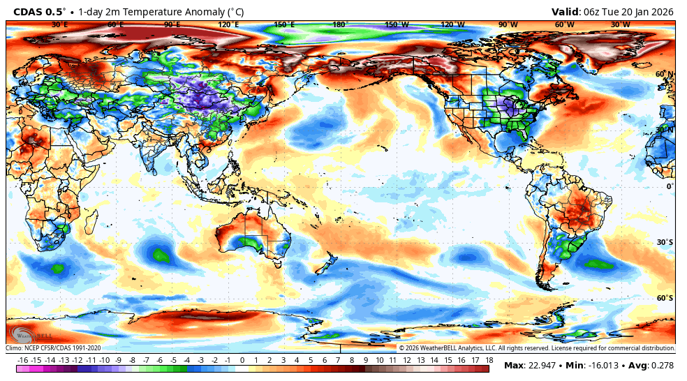 Global cooling today:  At the part of the planet where 99.9% of people live (between latitude 60°N and 60°S), the average surface temperature is 0.2-0.5°C cooler than the 1991-2020 average.
