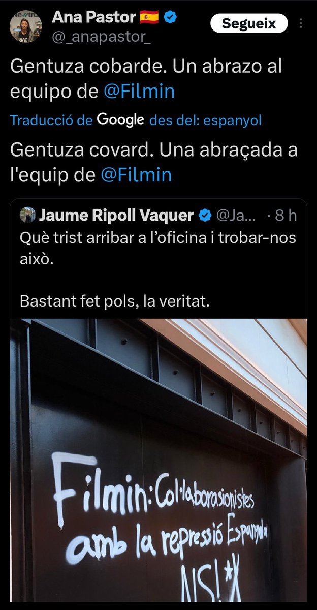 Què uneix a dos personatges  suposadament tan antagònics com la 
<a href="/Macarena_Olona/">Macarena Olona</a> i l'<a href="/_anapastor_/">Ana Pastor 🇪🇸</a> ? Exactament, un supremacisme colonial amb dues potes i que suposa la columna vertebral de llur modus vivendi i llur nòmina: la #putaespanya i la #catalanofòbia.