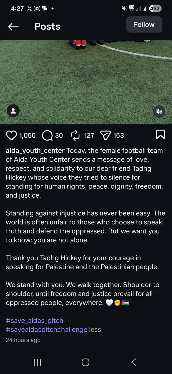 TadhgHickey's tweet image. My friends in Aida Youth Centre - who are currently under the very real threat of having their pitch demolished by the world's most moral army - still somehow found time to console me about losing my stupid Insta page. We don't deserve Palestinians 😭🇵🇸 #saveaidaspitch