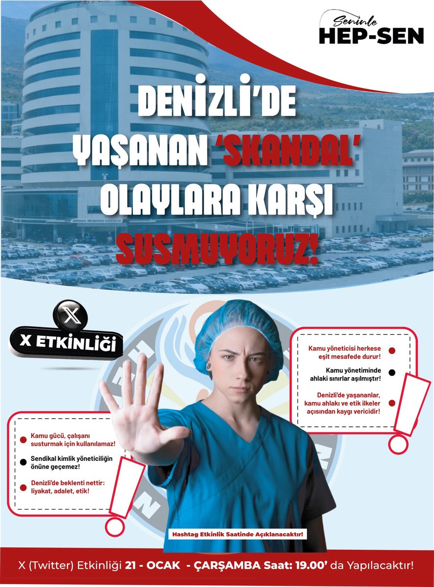 DENİZLİ’DE YAŞANAN SKANDAL OLAYLARA KARŞI SUSMUYORUZ! 

📆 21 Ocak Çarşamba 
⏰ 19:00

Hashtag etkinlik saatinde açıklanacaktır!

HEP-SEN, HepSen’inle!

Türkiye'nin En Genç ve Dinamik Yeni Nesil Sağlık Sendikası <a href="/hepsen_2020/">HEP-SEN</a>

🌐 hepsen.org.tr
☎️0216 759 44 14