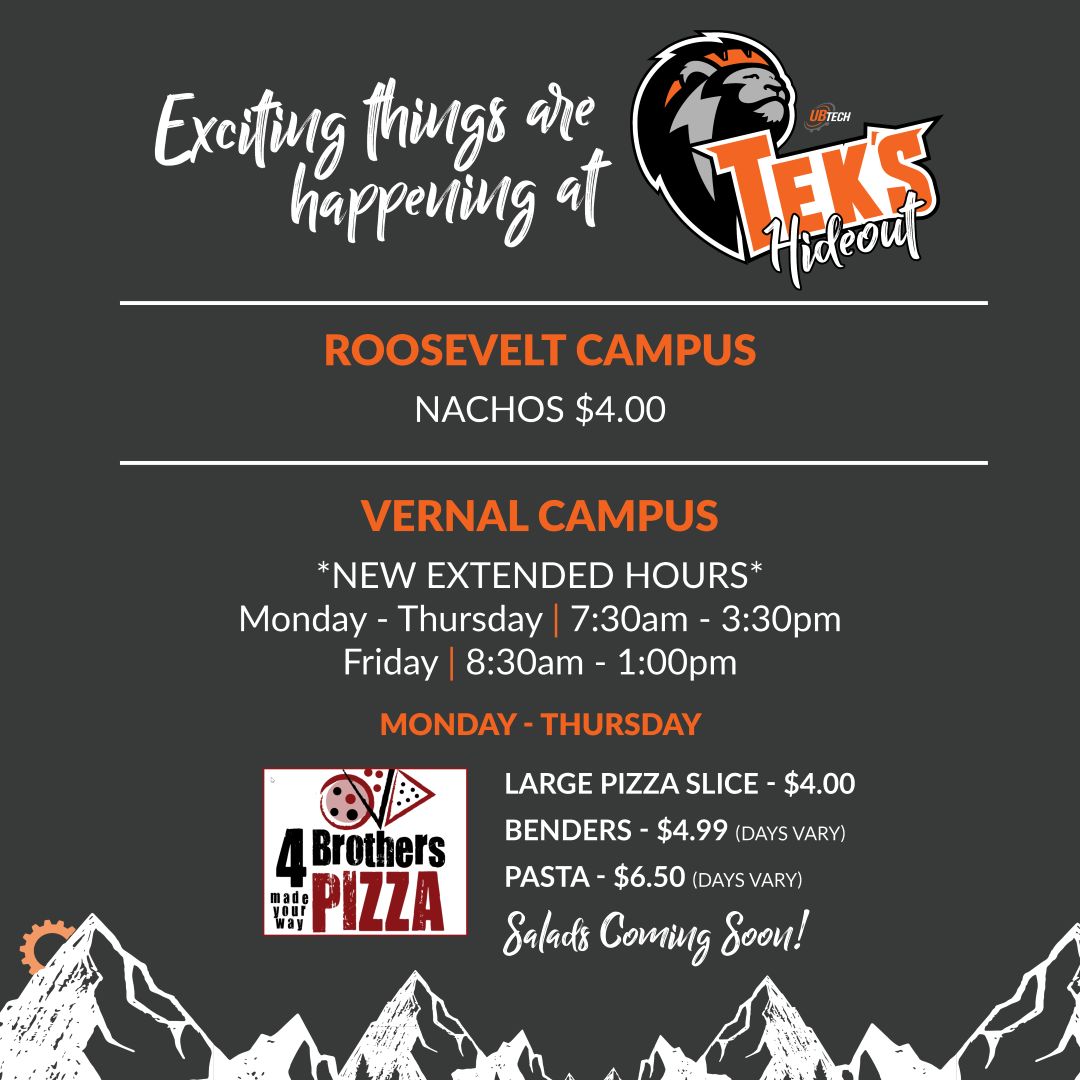 UBTechTitans's tweet image. Exciting things are happening at our Tek's Hideout locations! Nachos are now available in the Roosevelt store, and meal options from 4 Brothers Pizza are available in the Vernal store ⚙️⬆️

#Utah #TheBasin #GearsUp #GoTitans