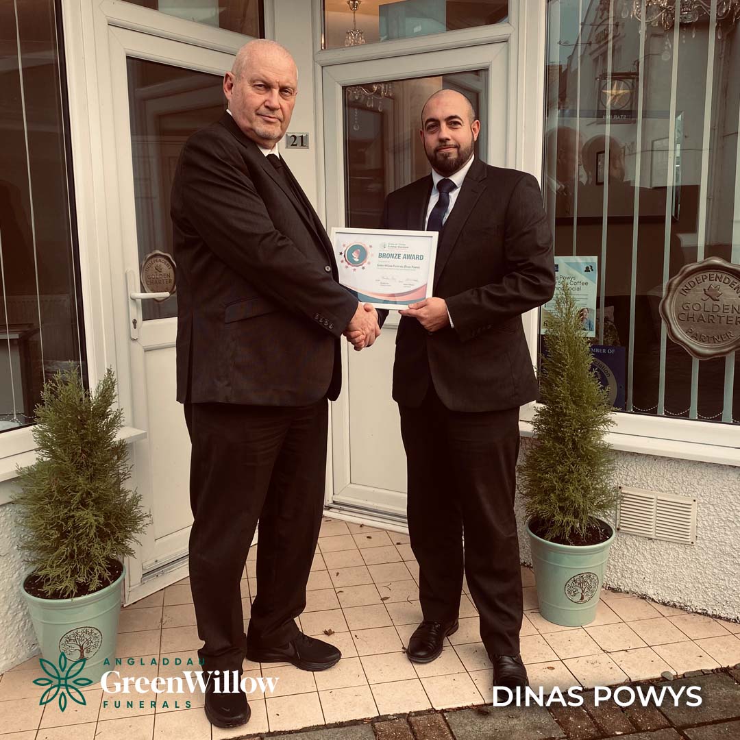 Our MD Paul Dowding (left) presenting the Bronze Greener Globe Funeral Standard accreditation to our Funeral Director Ben Hartery (right) for our #DinasPowys Branch yesterday #greenerglobefuneralstandard