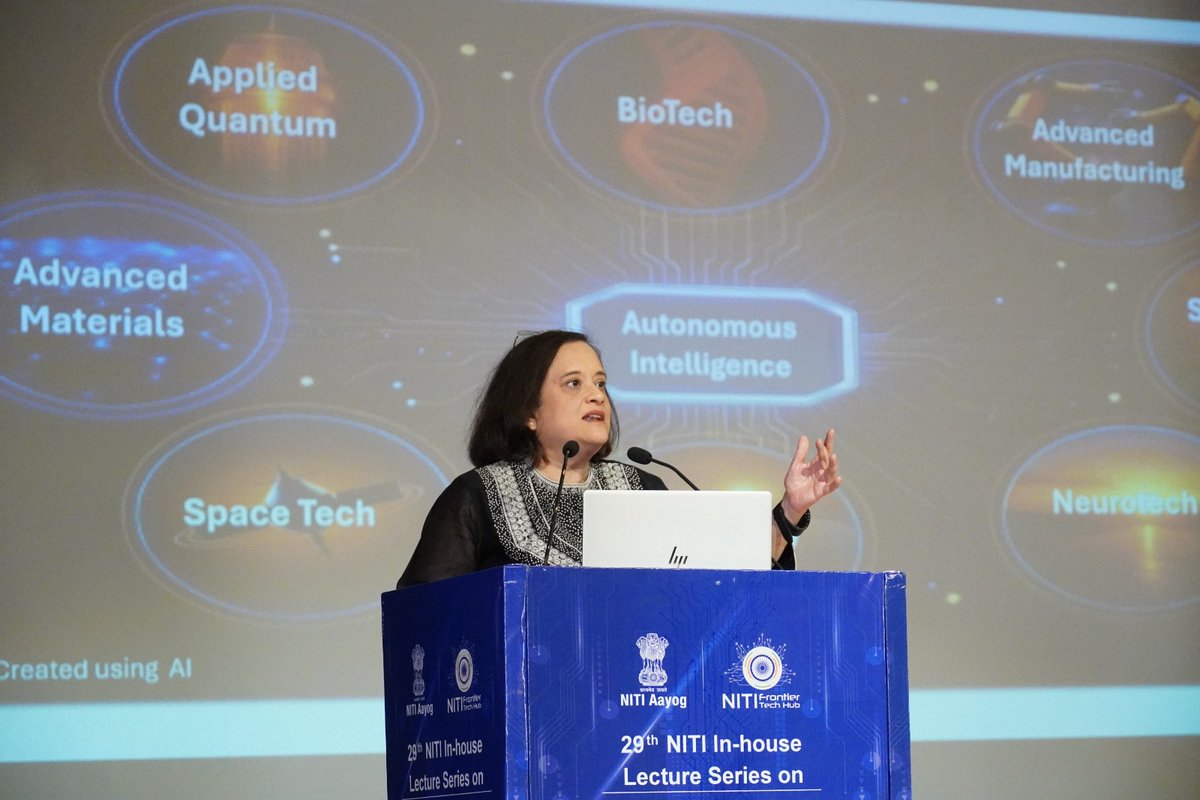 NITIAayog's tweet photo. 29th Edition of NITI Aayog’s In-House Lecture Series

The NITI Frontier Tech Hub organised the 29th edition of NITI Aayog’s In-House Lecture Series on “Technology in Governance” on 20 January 2026.

Mr. Aditya Natraj, CEO, Piramal Foundation, shared insights on how digital public infrastructure, AI-enabled tools and system-level thinking are strengthening public service delivery and advancing data-driven governance. He highlighted scalable case studies such as SachivG and DigiVritti that demonstrate real-world impact.

Ms. Debjani Ghosh, Distinguished Fellow, NITI Aayog, underscored the transition from digitisation to intelligence-led governance, emphasising the importance of sovereign, interoperable and open digital systems, while also addressing emerging challenges related to cybersecurity and workforce transformation.

Shri Suman Bery, Vice Chairman, NITI Aayog, delivered the closing address, outlining NITI Aayog’s role in shaping India’s long-term digital transformation and enhancing public value through technology-enabled governance.

#NITIAayog #NITILectureSeries #FrontierTechHub #TechnologyInGovernance #GovTech #PublicPolicy #DigitalIndia