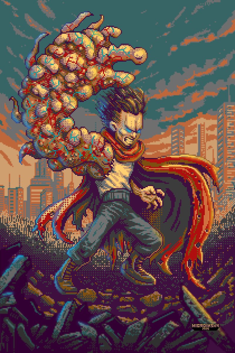 Ilustración en pixel art inspirada en AKIRA (1988) 
Construida en múltiples capas para un proyecto con realidad aumentada, enfocada en iluminación cinematográfica, profundidad y body-horror orgánico.
Proceso pixeljoint.com/forum/forum_po…

#pixelart #AKIRA