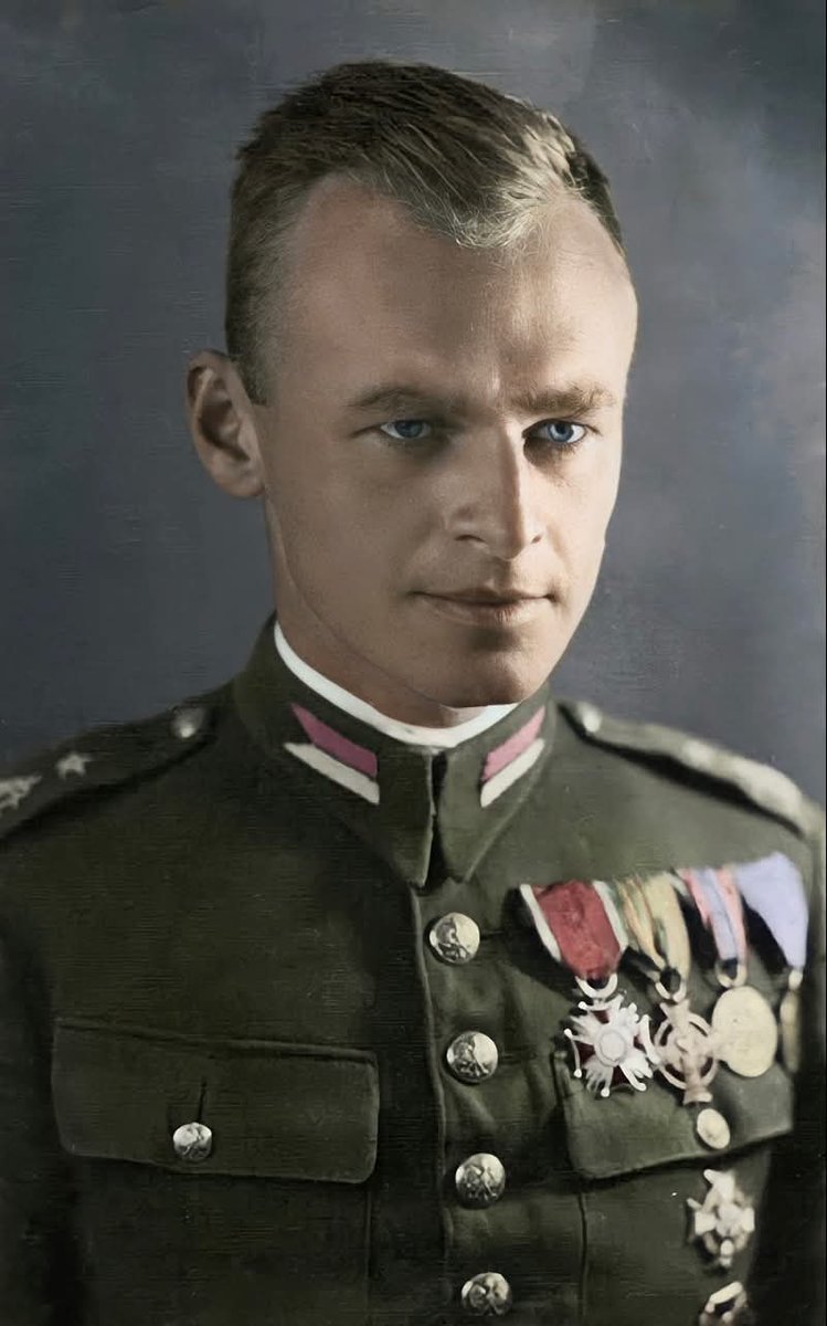 A colorized photograph of Witold Pilecki, a Polish cavalry officer and a significant figure in the Polish resistance during World War II. He is primarily remembered as the only known person to volunteer to be imprisoned in the Auschwitz concentration camp... 

He volunteered to